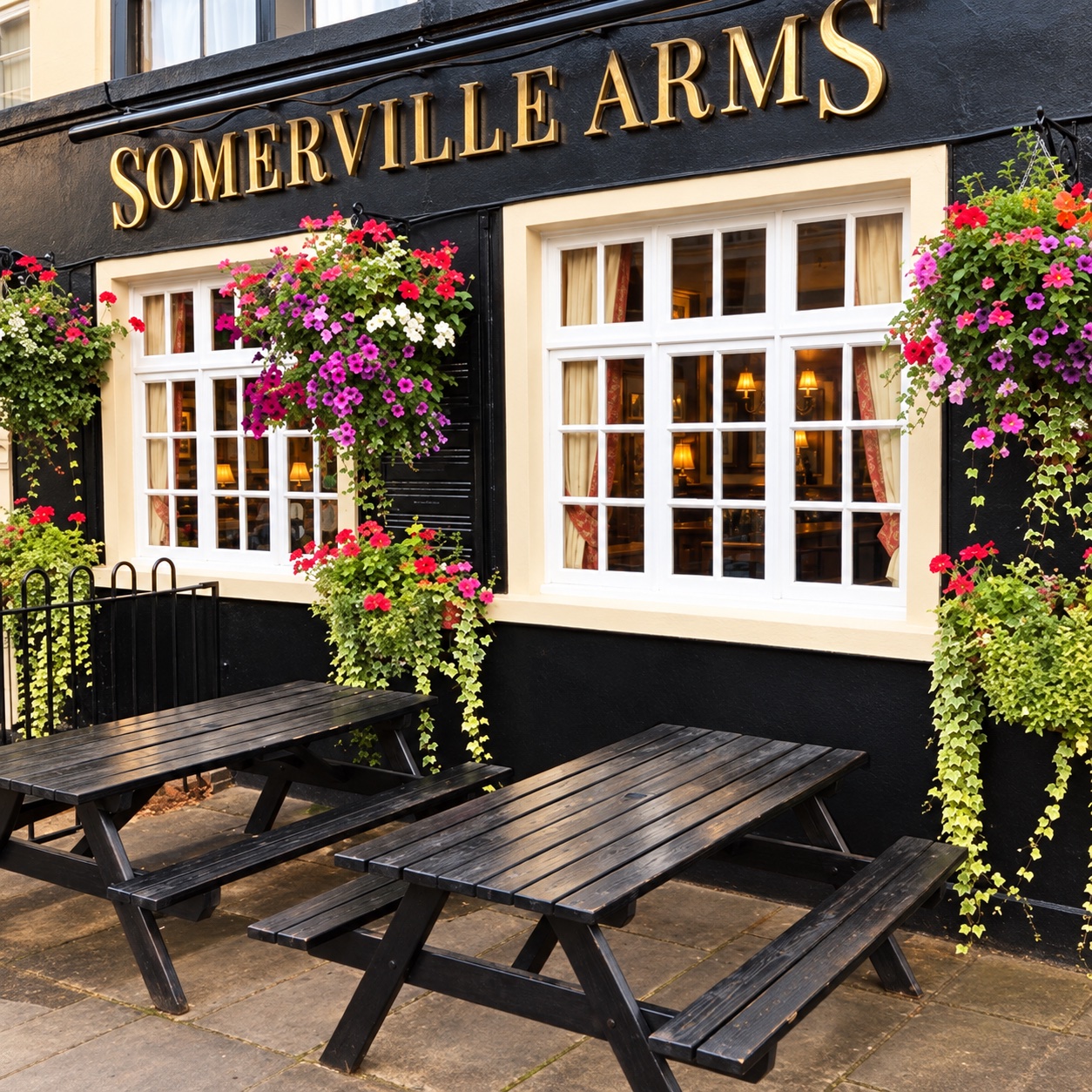 Hanging baskets and outdoor tables beneath the Somerville Arms sign